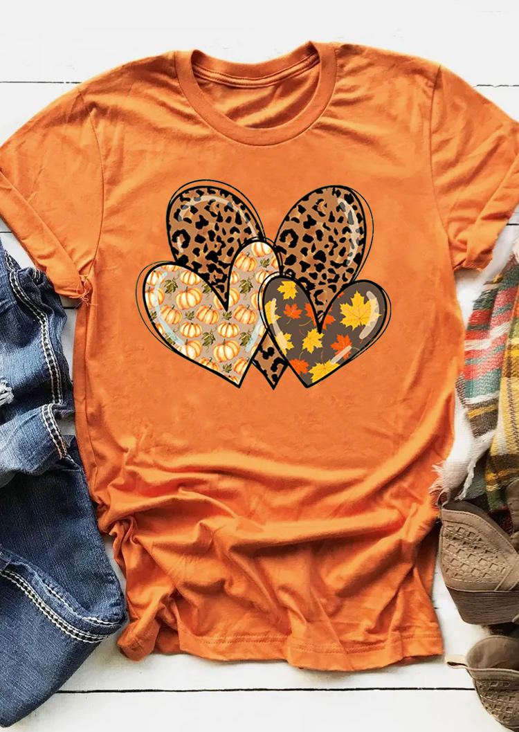 Leopard Pumpkin Maple Leaf Heart O-Neck T-Shirt Tee - Orange