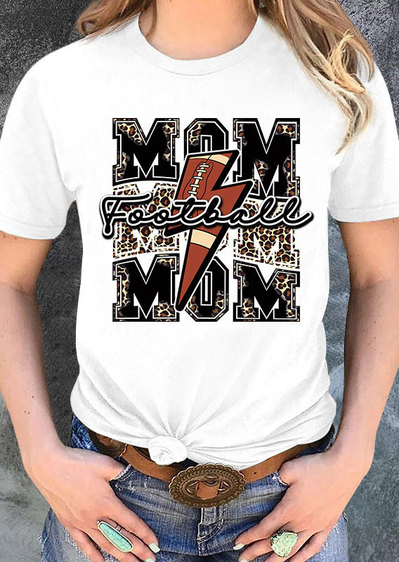 Football Mom Leopard O-Neck T-Shirt Tee - White