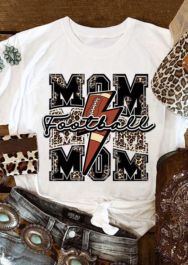 T-shirts Tees Football Mom Leopard O-Neck T-Shirt Tee in White. Size: L,M,S,XL