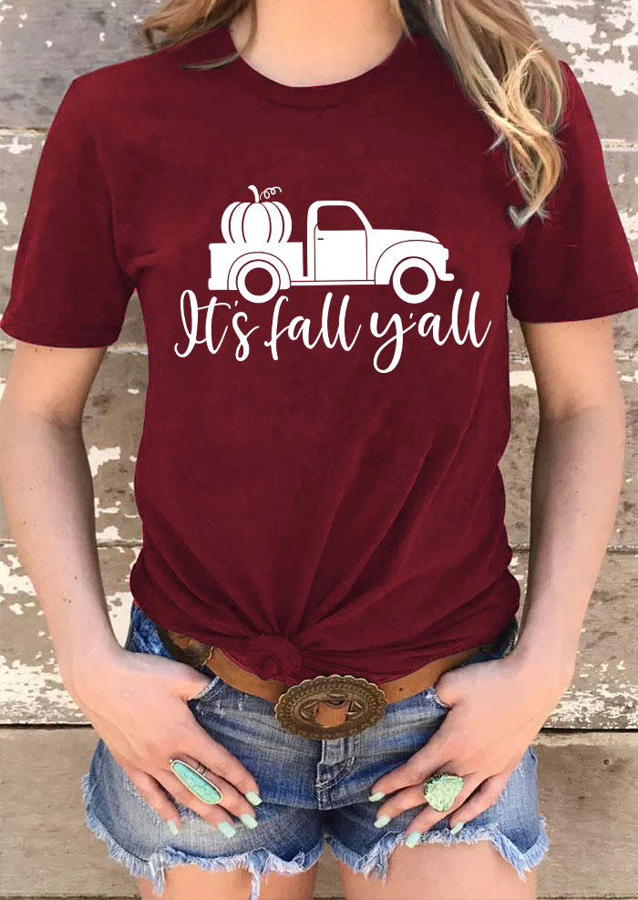 It's Fall Y'all Pumpkin Truck O-Neck T-Shirt Tee - Burgundy