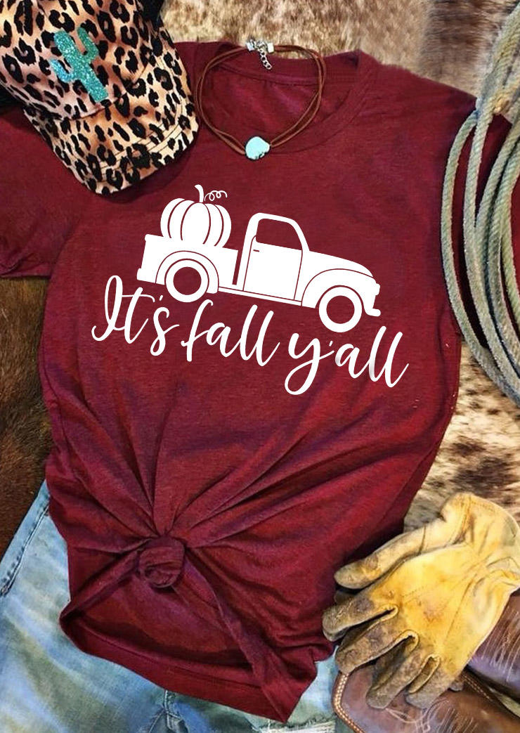 

T-shirts Tees It' Fall Y'all Pumpkin Truck O-Neck T-Shirt Tee - Burgundy in Red. Size