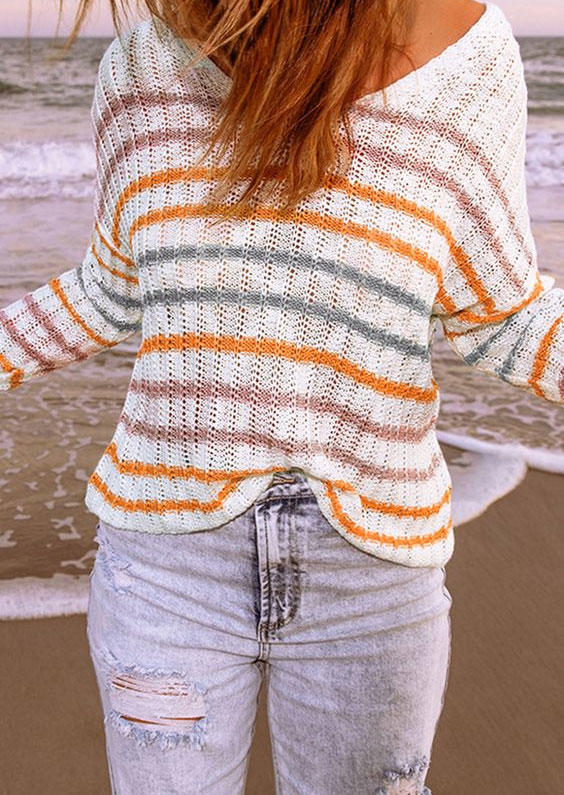 Colorful Striped Open Back Sweater - White