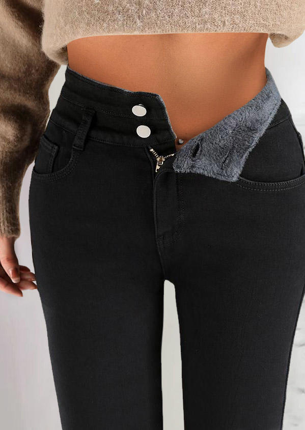Pants Fleece Lined Button Zipper Pocket Denim Pants in Black. Size: L,M,S,XL
