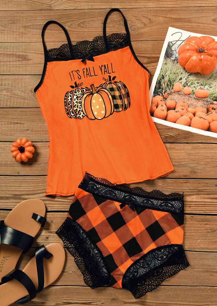 Sleepwear It's Fall Y'all Pumpkin Plaid Leopard Lace Splicing Camisole And Shorts Pajamas Set in Orange. Size: L,M,S