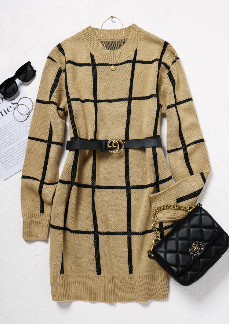

Sweater Dresses Plaid Long Sleeve Sweater Dress in Khaki. Size