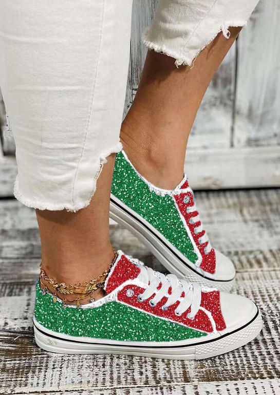Christmas Color Block Glitter Lace Up Sneakers