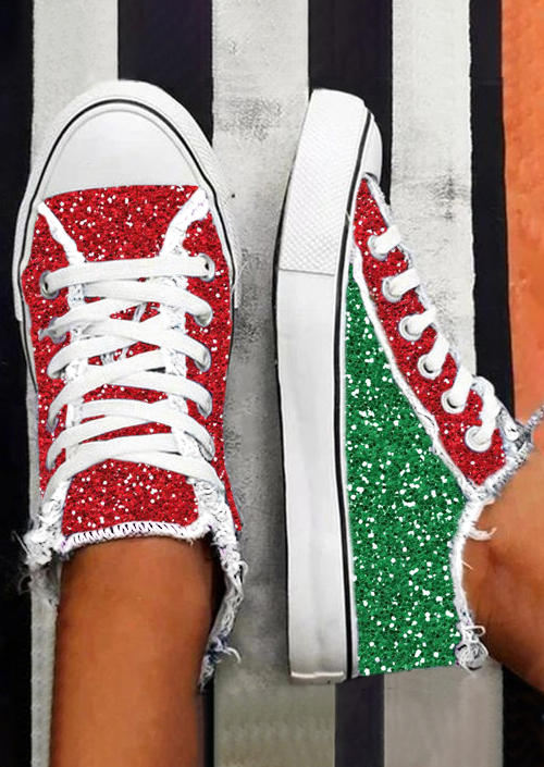 Sneakers Christmas Color Block Glitter Lace Up Sneakers in Multicolor. Size: 37,38,39,40,41