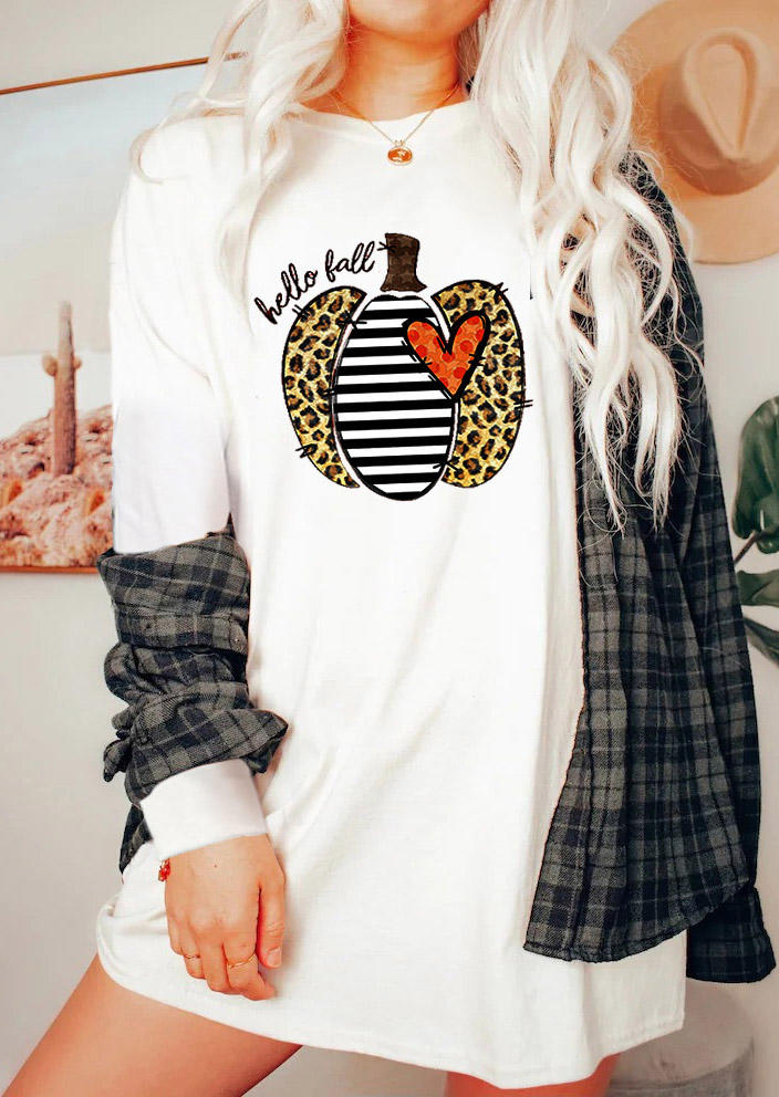 

Mini Dresses Hello Fall Striped Leopard Pumpkin Heart Mini Dress in White. Size: L,M,,XL