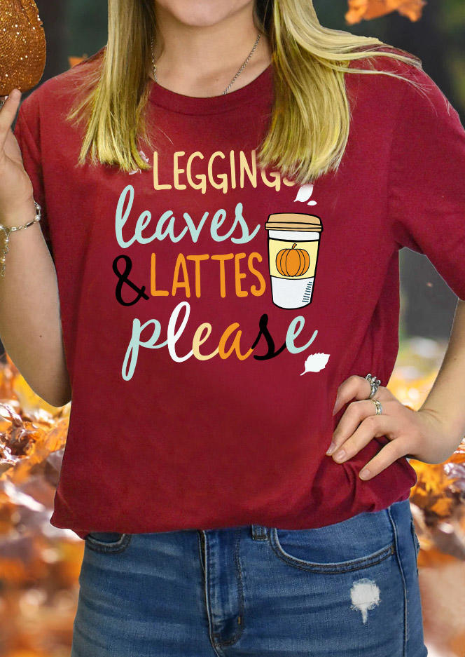 Leggings Leaves & Lattes Please Pumpkin Maple Leaf T-Shirt Tee - Burgundy