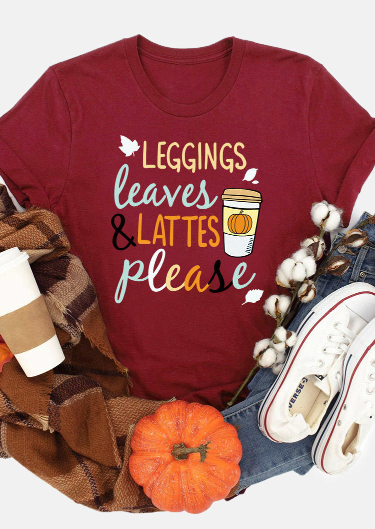 T-shirts Tees Leggings Leaves & Lattes Please Pumpkin Maple Leaf T-Shirt Tee - Burgundy in Red. Size: L,M,S,XL