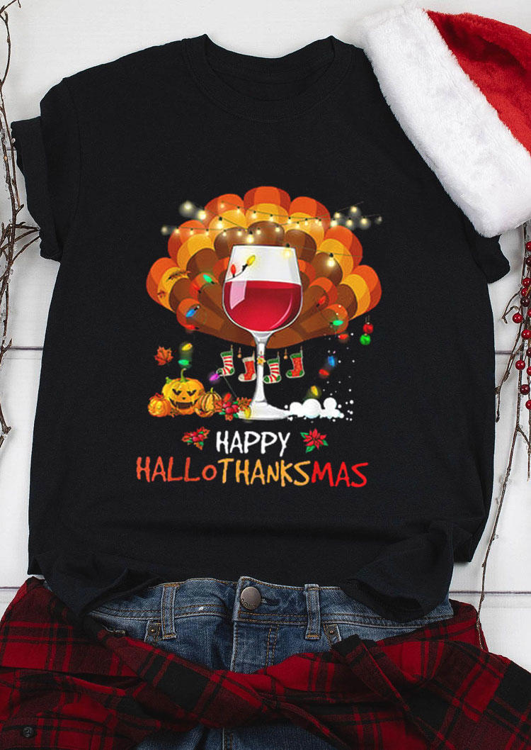 T-shirts Tees Happy Hallothanksmas Wine Turkey Pumpkin Face T-Shirt Tee in Black. Size: L,M,S,XL