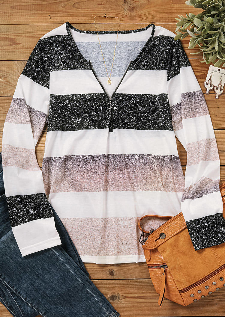 Striped Gradient Glitter Notched Neck Blouse
