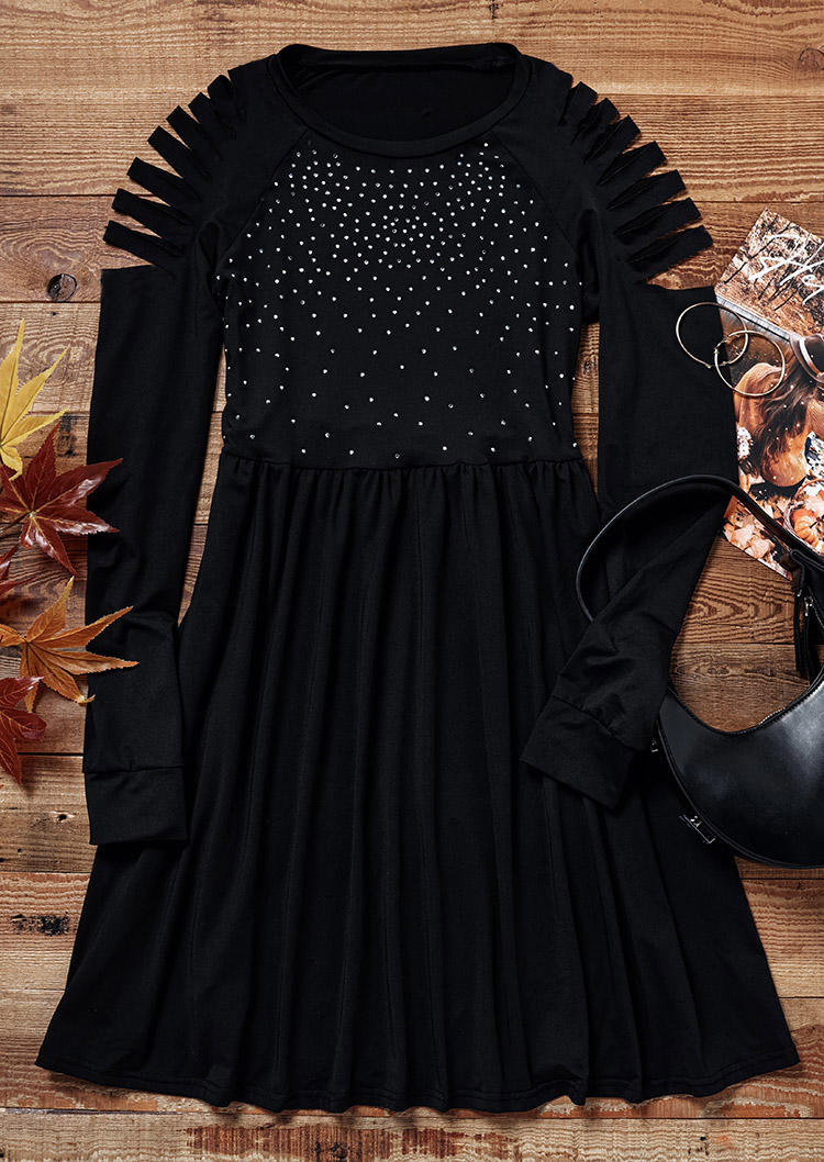 Mini Dresses Rhinestone Ruffled Hollow Out Mini Dress in Black. Size: L,M,S,XL