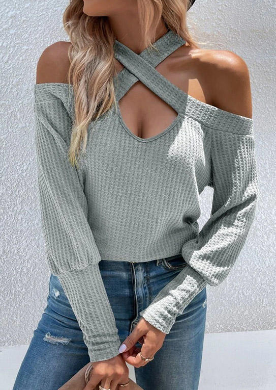 Blouses Waffle Cold Shoulder Long Sleeve Blouse in Gray. Size: M,S