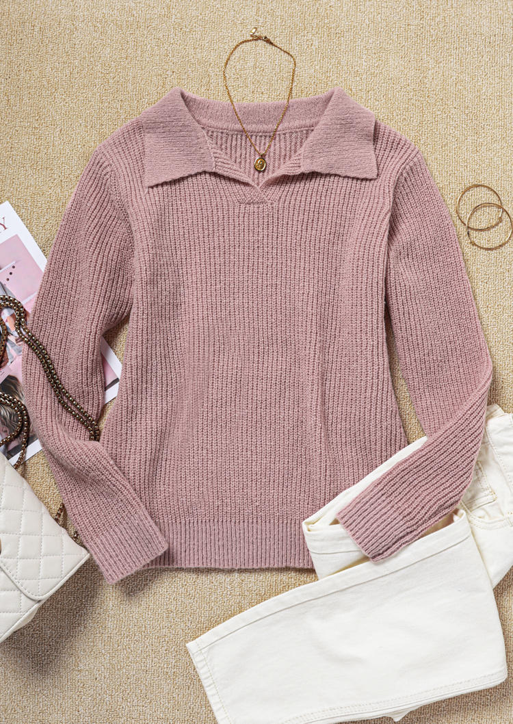 Long Sleeve Turn-Down Collar Knitted Sweater - Pink