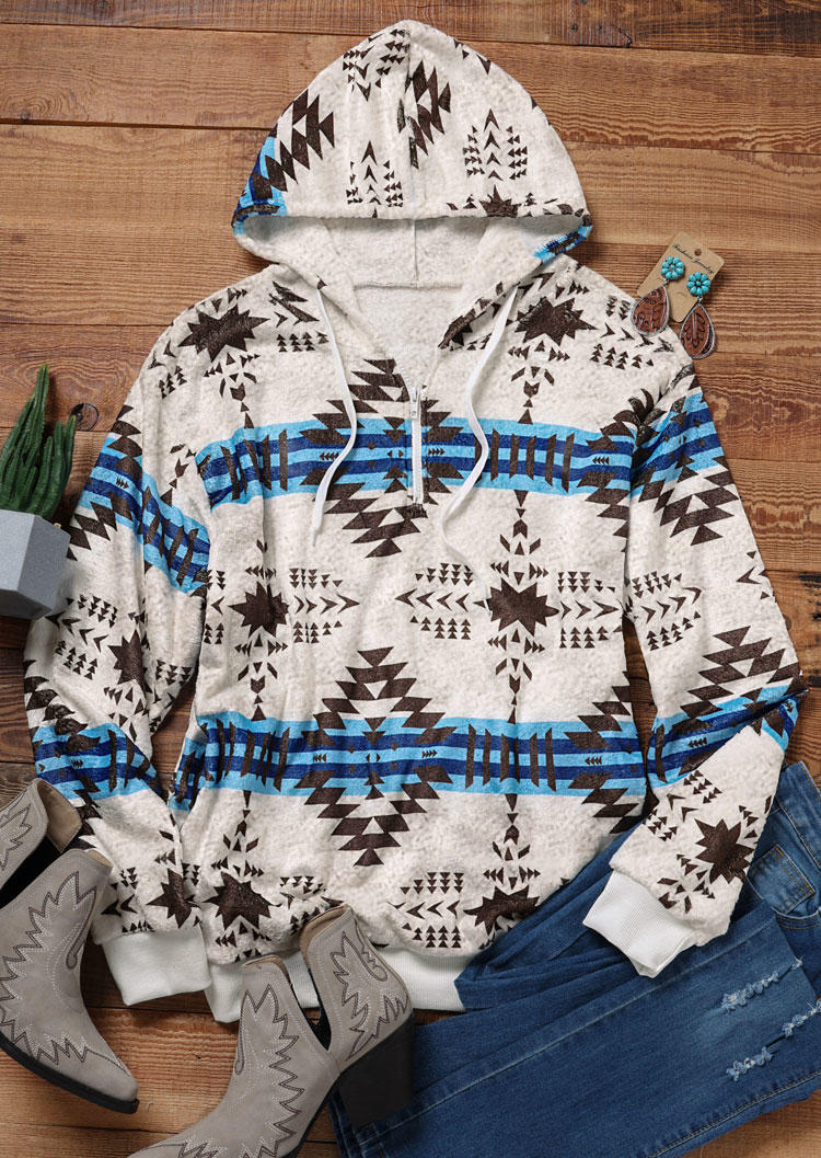 

Hoodies Aztec Geometric Fleece Drawstring Pocket Hoodie in White. Size