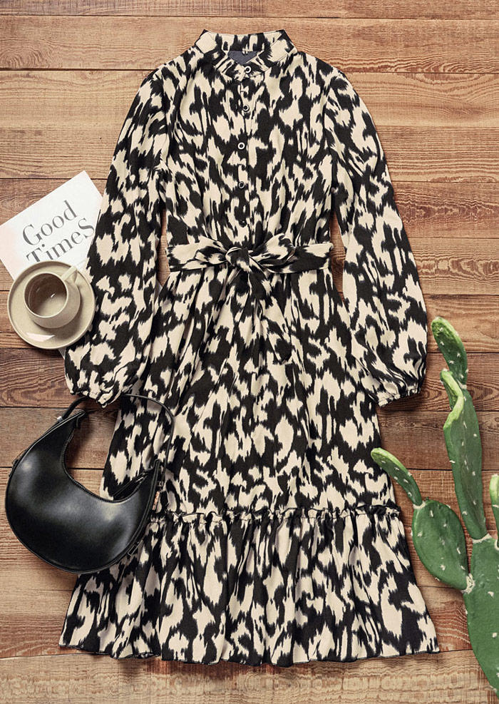 

Midi Dresses Leopard Ruffled Button O-Neck Midi Dress in Multicolor. Size