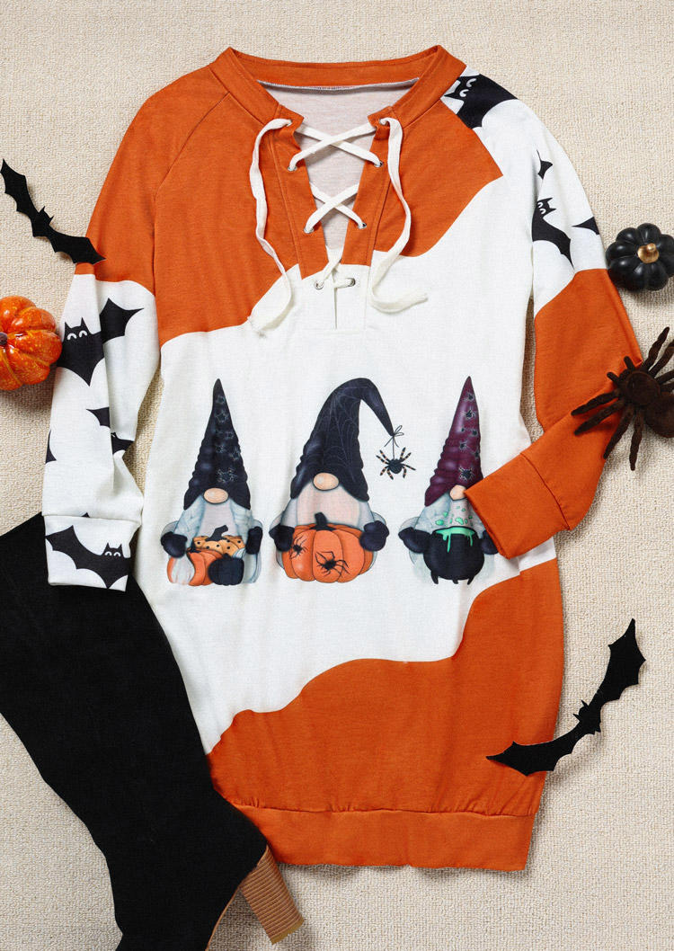

Mini Dresses Halloween Gnomies Pumpkin Lace Up Sweatshirt Mini Dress in White. Size