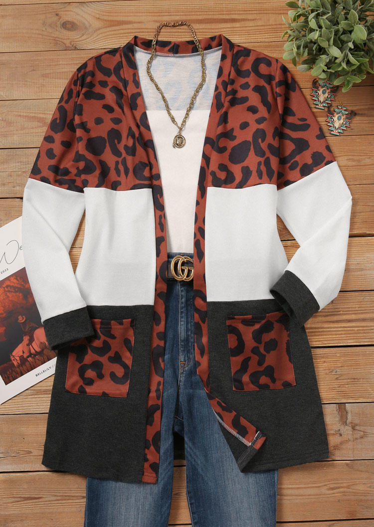 

Cardigans Leopard Color Block Pocket Open Front Cardigan in Multicolor. Size