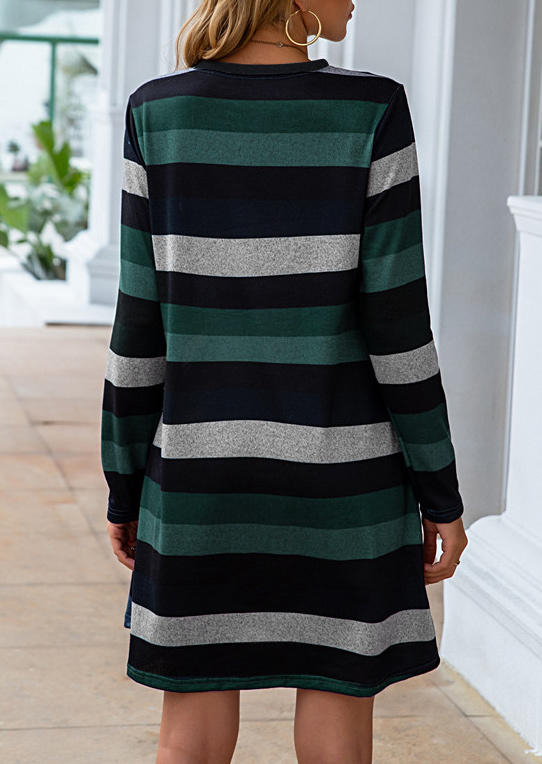 

Mini Dresses Striped Long Sleeve Pocket O-Neck Mini Dress in Blue. Size