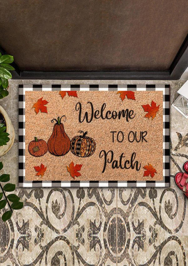 Welcome To Our Patch Leopard Plaid Maple Leaf Pumpkin Carpet in Multicolor. Size: One Size
