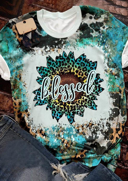 T-shirts Tees Thanksgiving Blessed Sunflower Leopard Bleached T-Shirt Tee in Multicolor. Size: L,M,S,XL