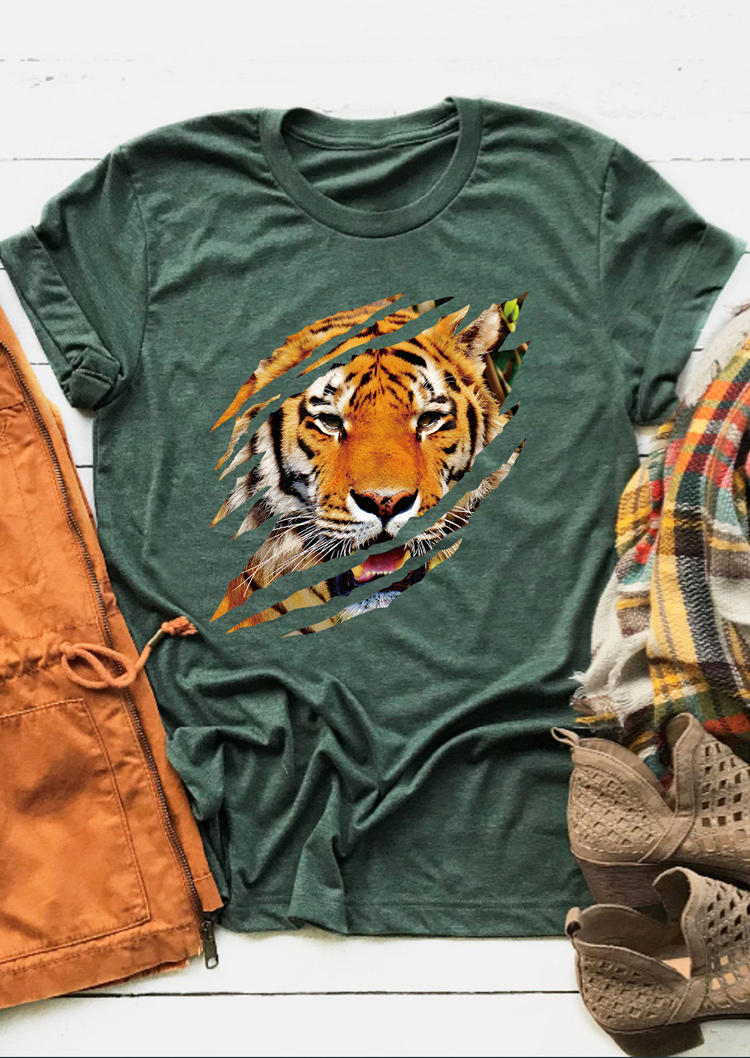 T-shirts Tees Tiger O-Neck Casual T-Shirt Tee in Green. Size: L,M,S,XL