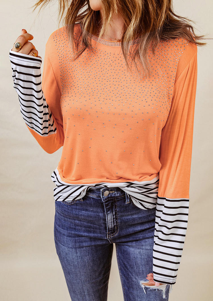Rhinestone Striped Long Sleeve Blouse - Orange