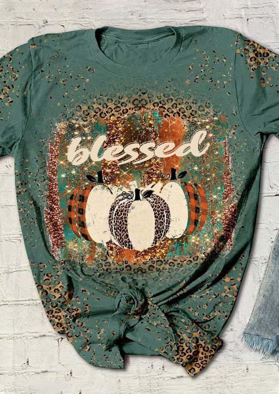 

T-shirts Tees Blessed Leopard Plaid Pumpkin Glitter T-Shirt Tee in Green. Size