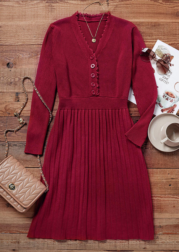 Mini Dresses Ruffled Button V-Neck Knitted Mini Dress - Burgundy in Red. Size: L,M,S,XL