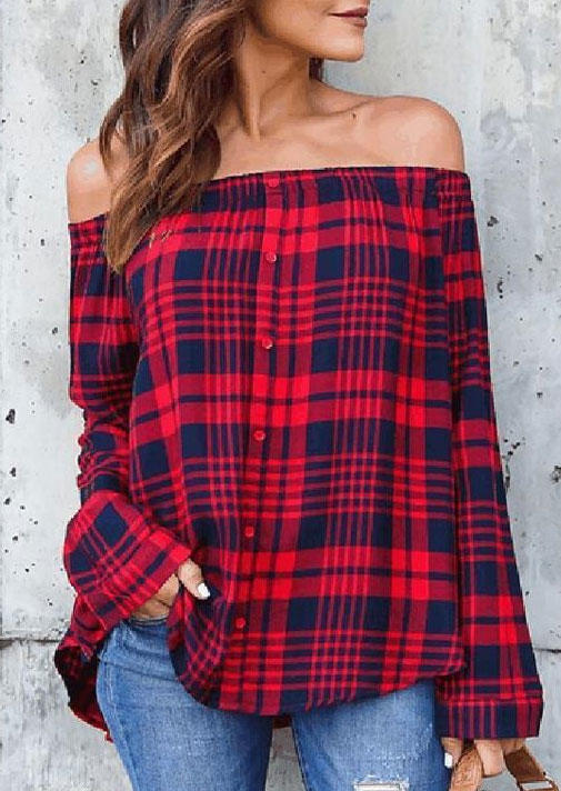 Plaid Button Off Shoulder Blouse