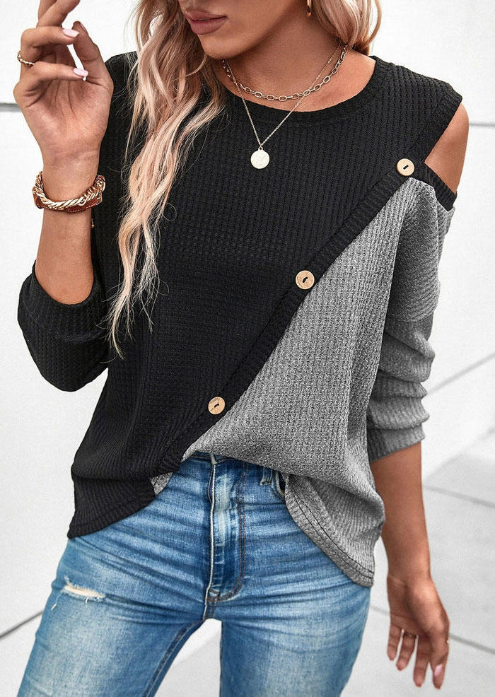 

Blouses Color Block Button One Sided Cold Shoulder Blouse in Black. Size