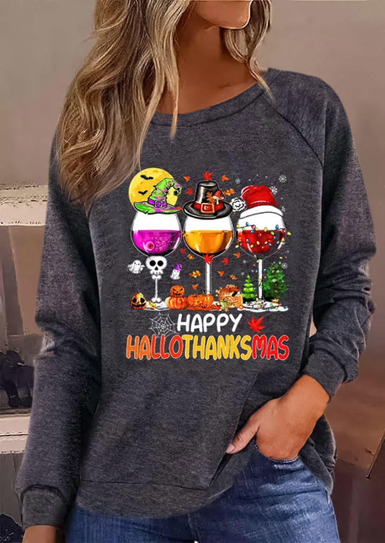 Sweatshirts Happy Hallothanksmas Pumpkin Wine Glass Sweatshirt - Dark Grey in Gray. Size: L,M,S,XL