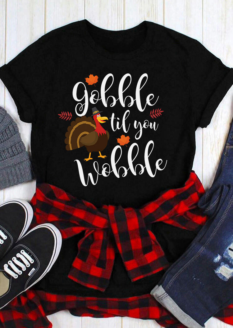 

T-shirts Tees Thanksgiving Gobble Til You Wobble Turkey Maple Leaf T-Shirt Tee in Black. Size: L,M,,XL