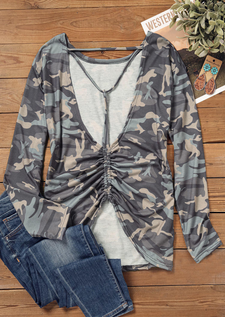 Blouses Camouflage Open Back Long Sleeve Blouse in Multicolor. Size: L,M,XL
