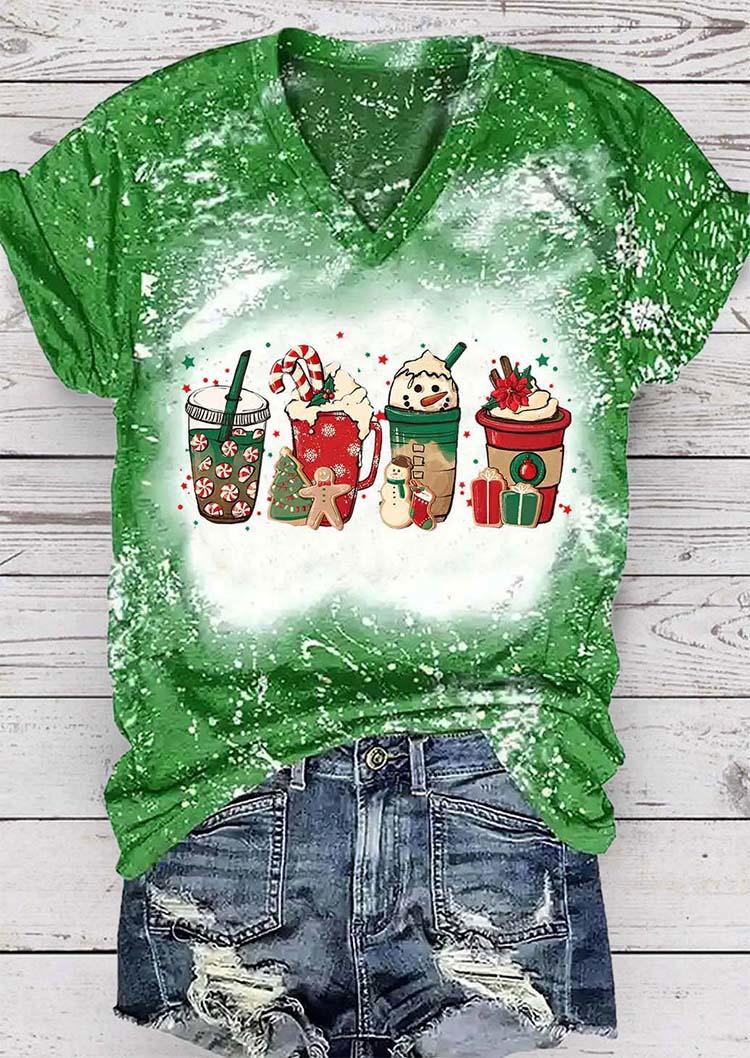 T-shirts Tees Christmas Drink Bleached V-Neck T-Shirt Tee in Green. Size: S