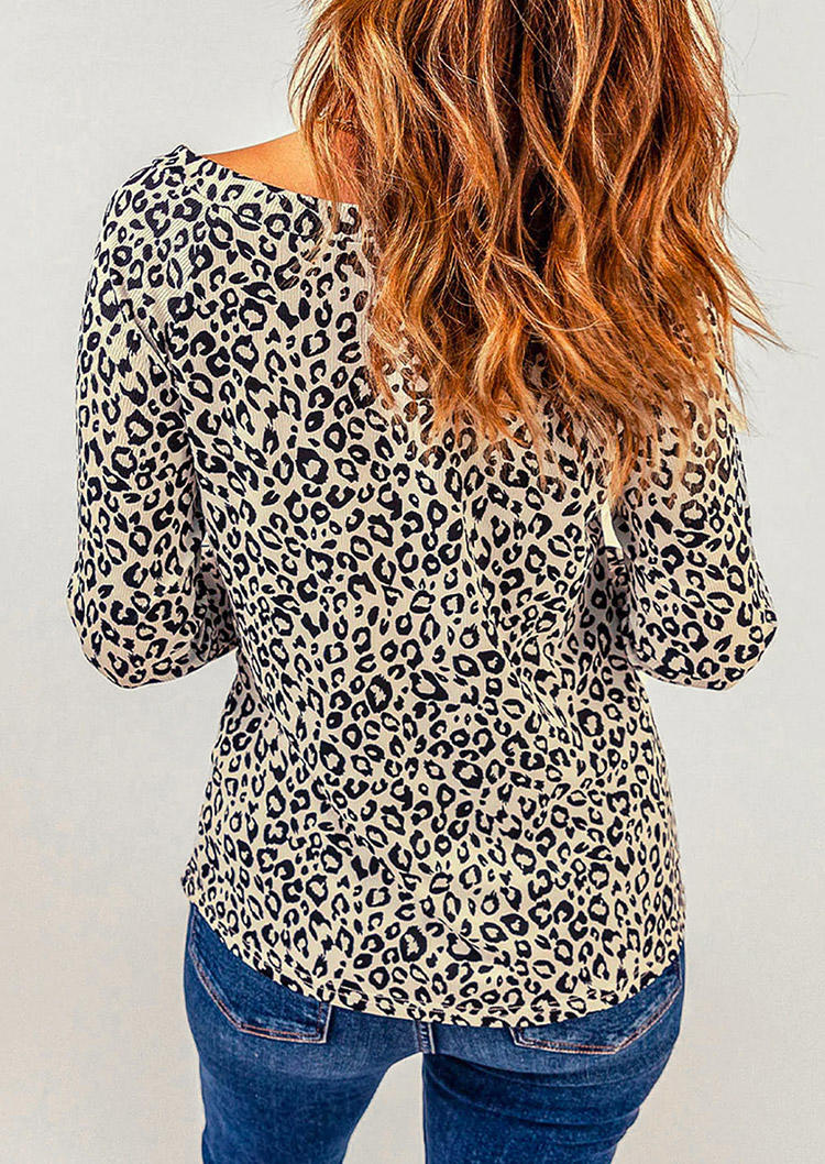 Leopard Button V-Neck Long Sleeve Blouse