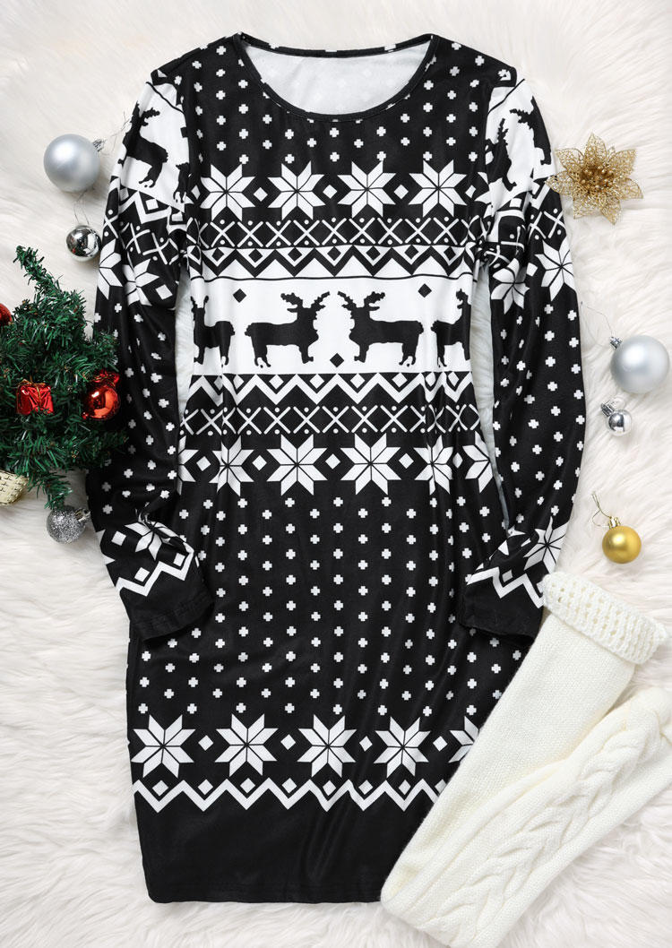 Bodycon Dresses Christmas Reindeer Snowflake Bodycon Dress in Black. Size: L,XL
