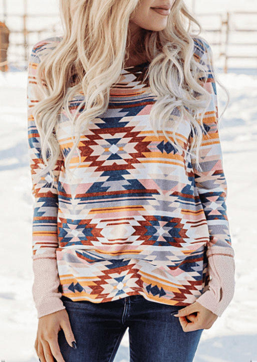 

Blouses Aztec Geometric Thumbhole Long Sleeve Blouse in Multicolor. Size