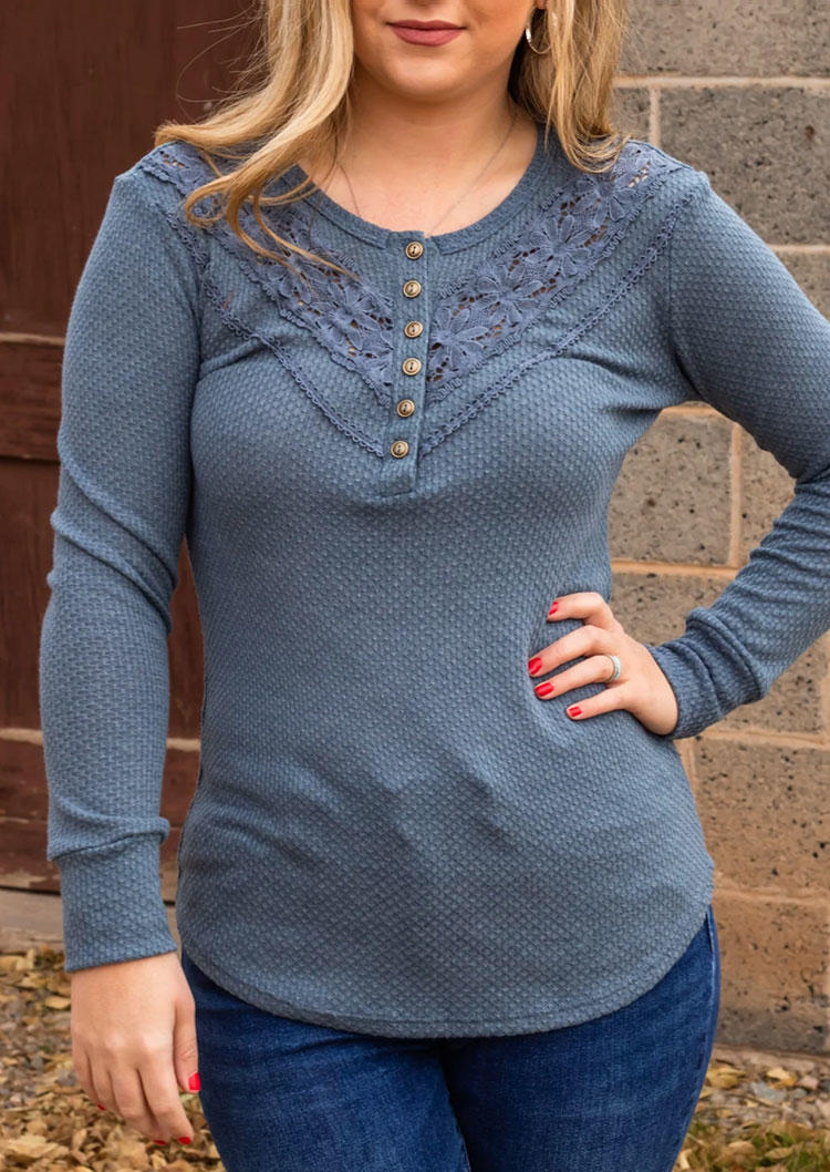 Lace Splicing Button O-Neck Blouse - Blue