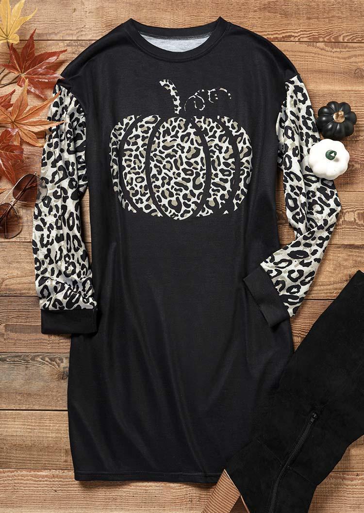 

Mini Dresses Thanksgiving Pumpkin Leopard Sweatshirt Mini Dress in Black. Size