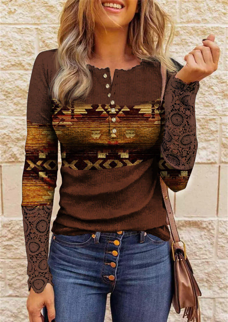 Blouses Aztec Geometric Lace Splicing Button Long Sleeve Blouse - Dark Brown in Brown. Size: M,XL