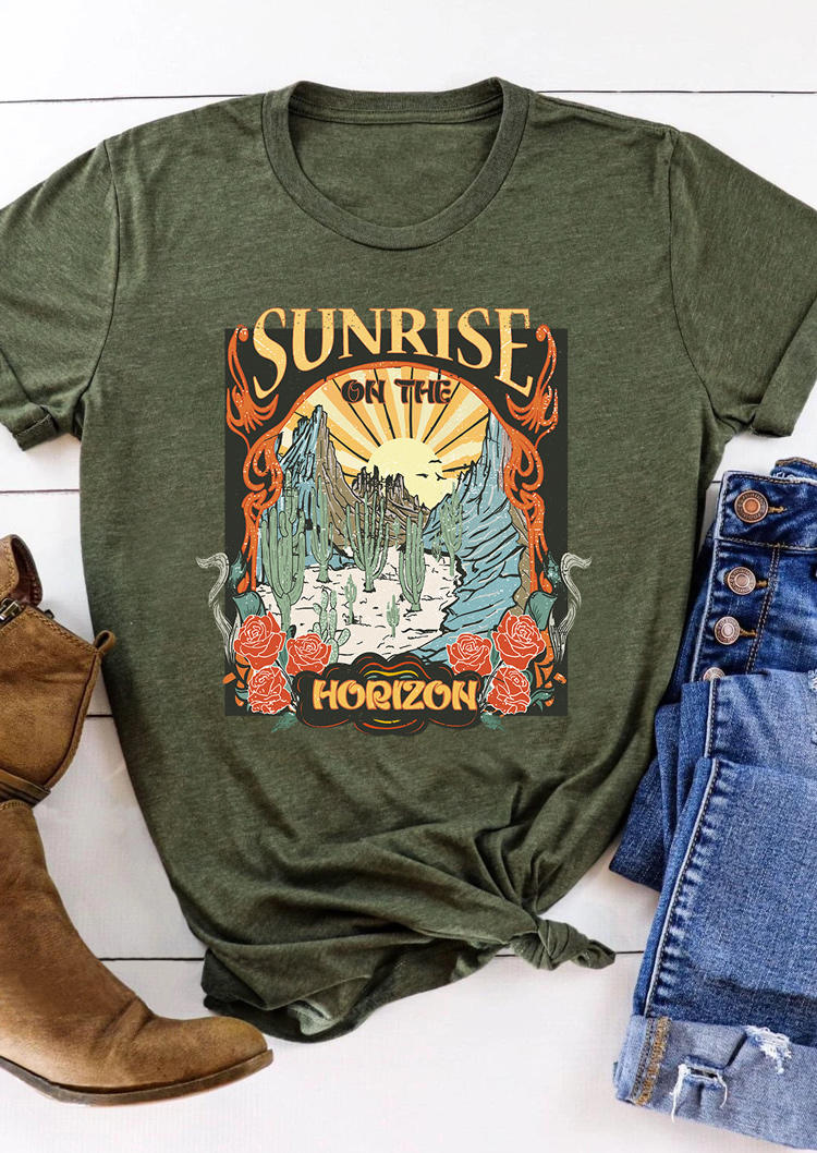 T-shirts Tees Sunrise On The Horizo​​n Rose O-Neck T-Shirt Tee - Army Green in Green. Size: L,M,S,XL