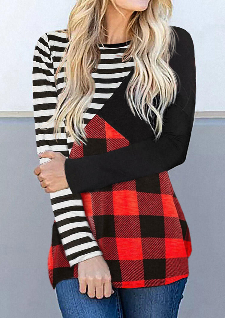 Plaid Striped Color Block Splicing Blouse