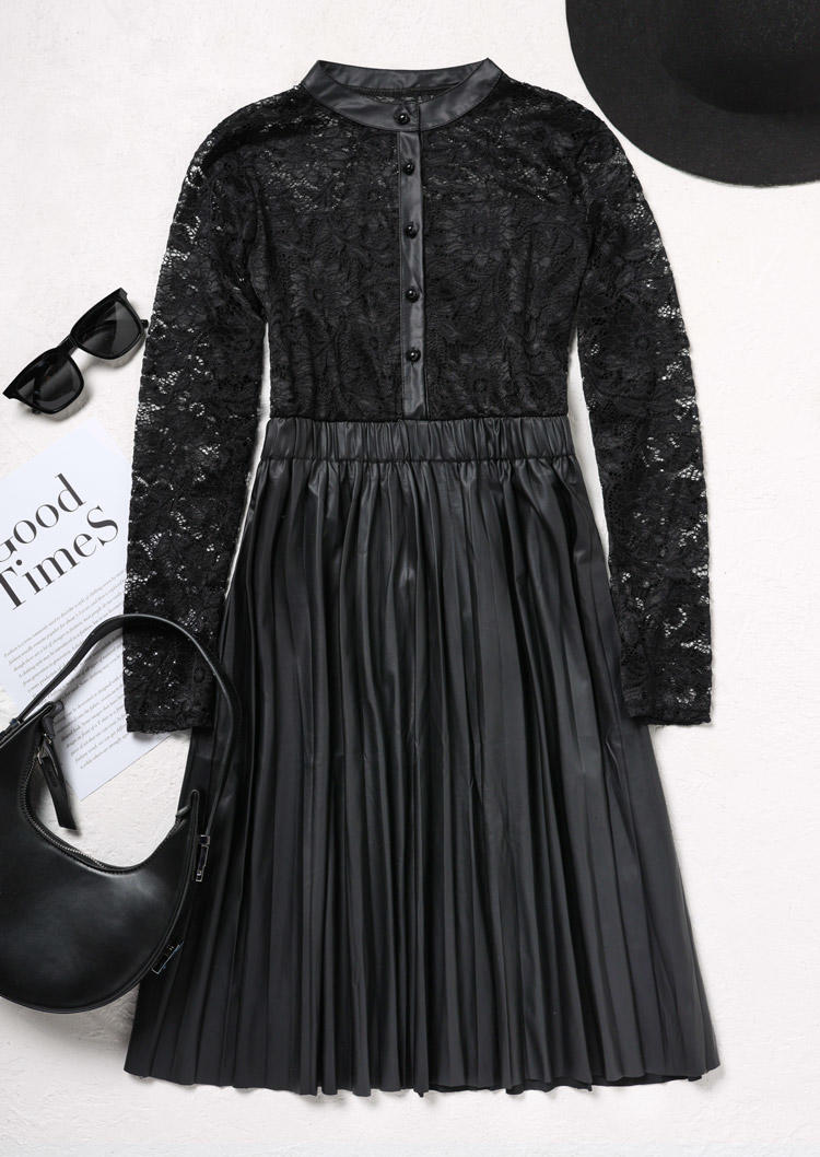Mini Dresses Lace Splicing Button Pleated Mini Dress in Black. Size: L,M,S,XL