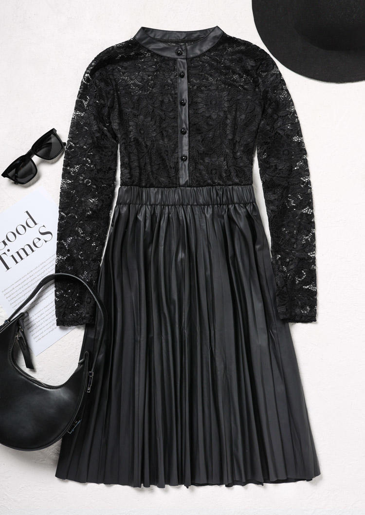 

Mini Dresses Lace Splicing Button Pleated Mini Dress in Black. Size