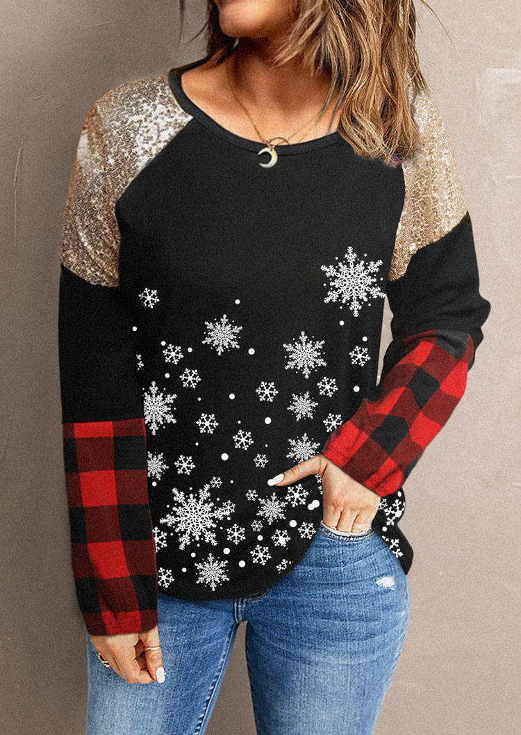 

Blouses Christmas Snowflake Buffalo Plaid Sequined Raglan Sleeve Blouse in Black. Size: M