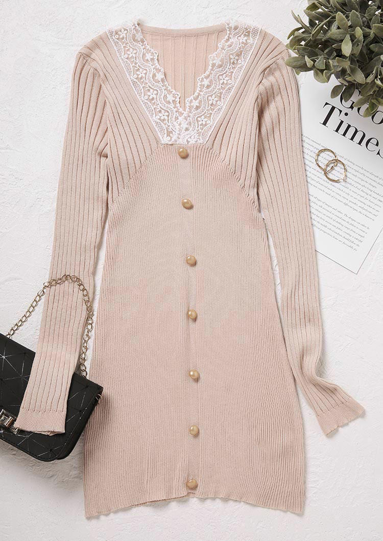 

Bodycon Dresses Lace Splicing Button V-Neck Knitted Bodycon Dress in Apricot. Size: L,M,,XL
