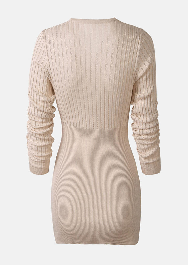 Lace Splicing Button V-Neck Knitted Bodycon Dress - Apricot