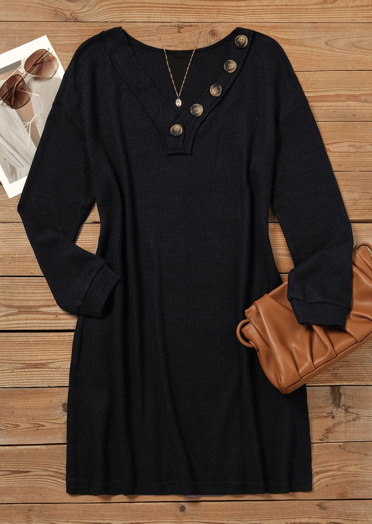 

Mini Dresses Button V-Neck Knitted Mini Dress in Black. Size: L,,S